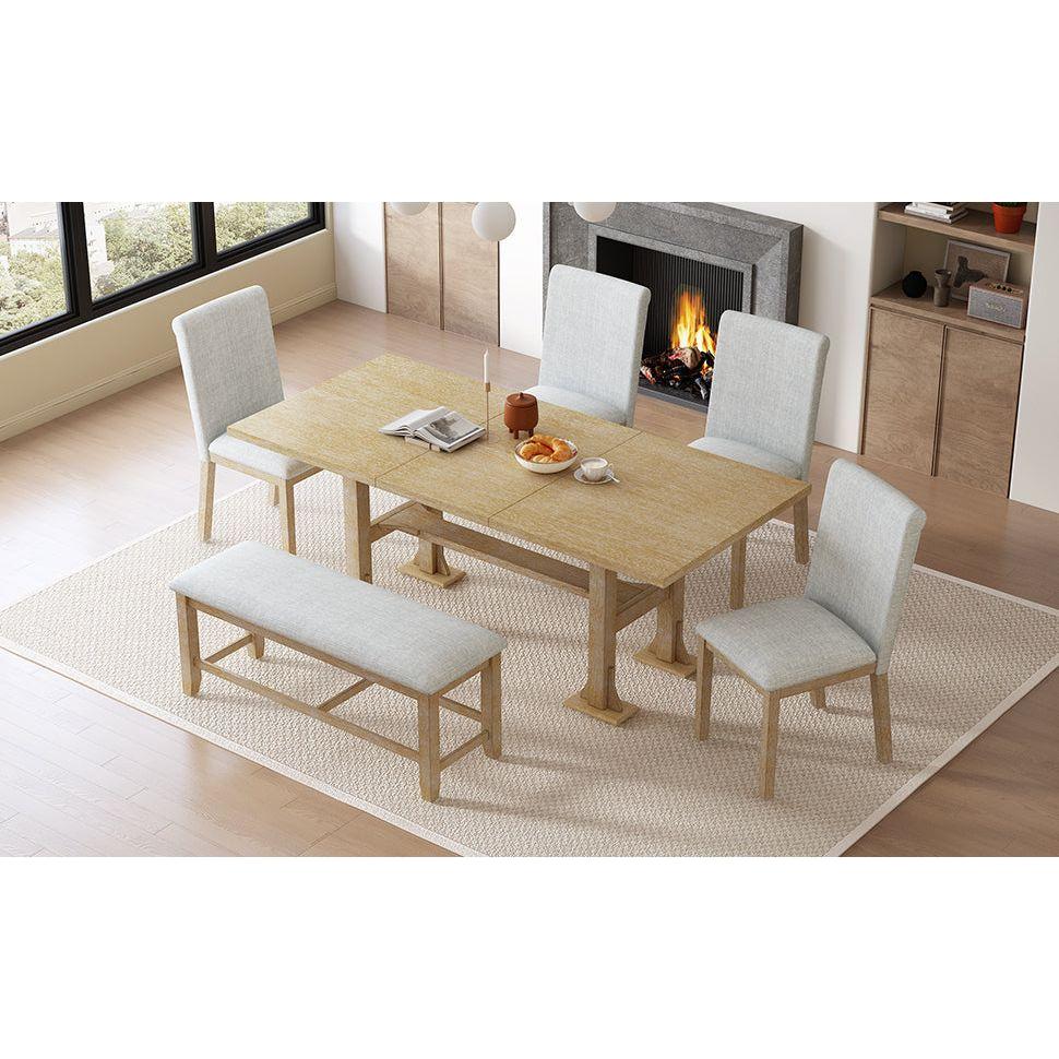 Farmhouse 76inch 6-Piece Extendable Dining Table Set Trestle Kitchen Table Set with 18inch Removable Leaf and Upholstered Dining Chair and Bench for Dining Room, Natural