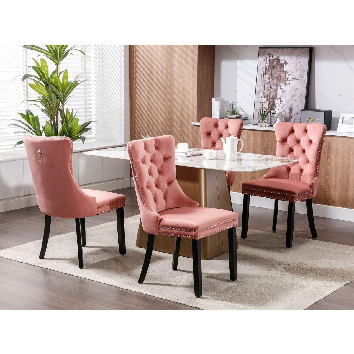 Nikki Collection Modern, High-end Tufted Solid Wood Contemporary Velvet Upholstered Dining Chair with Wood Legs Nailhead Trim 2-Pcs Set,Pink