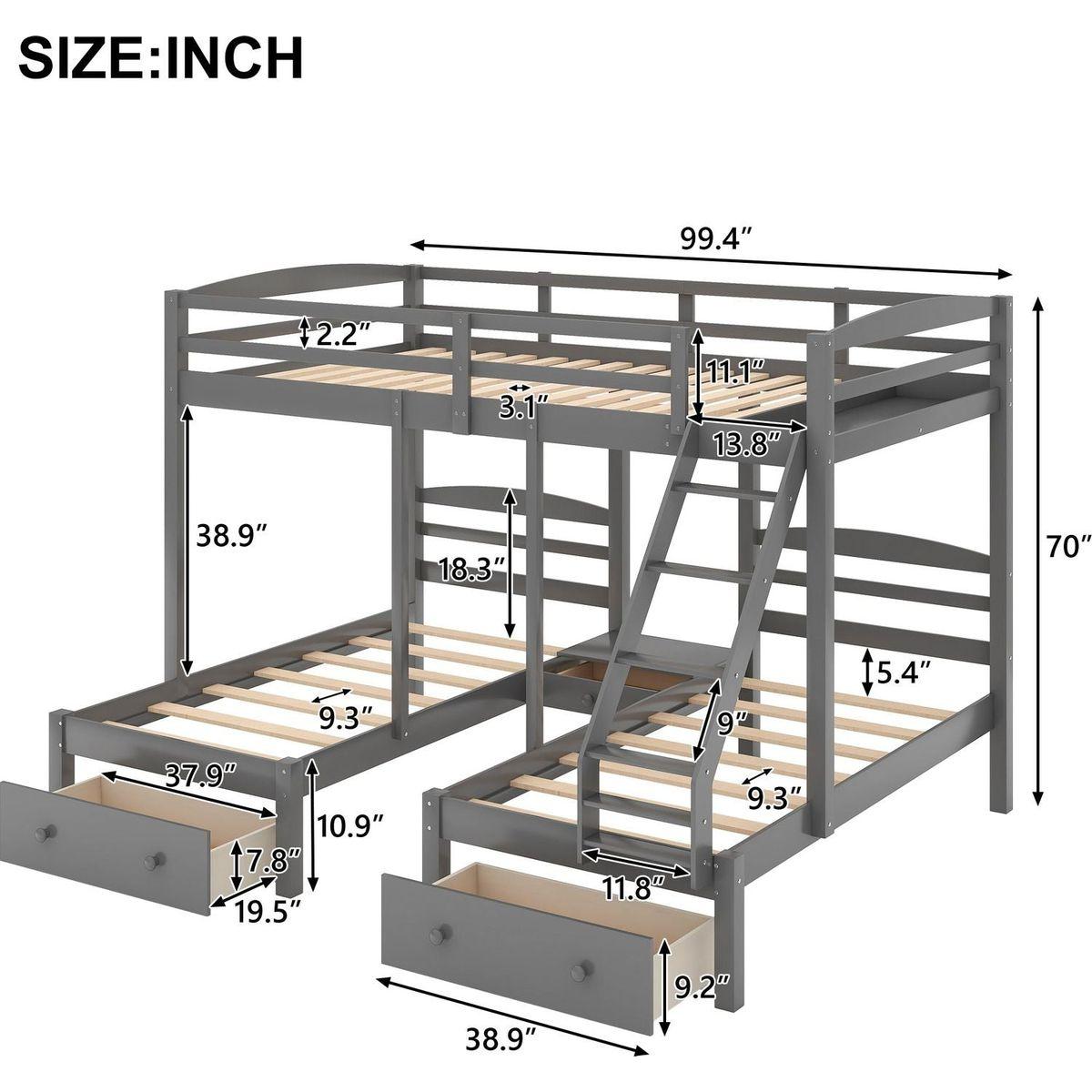 Full over Twin & Twin Bunk Bed,Triple Bunk Bed with Drawers, Gray
