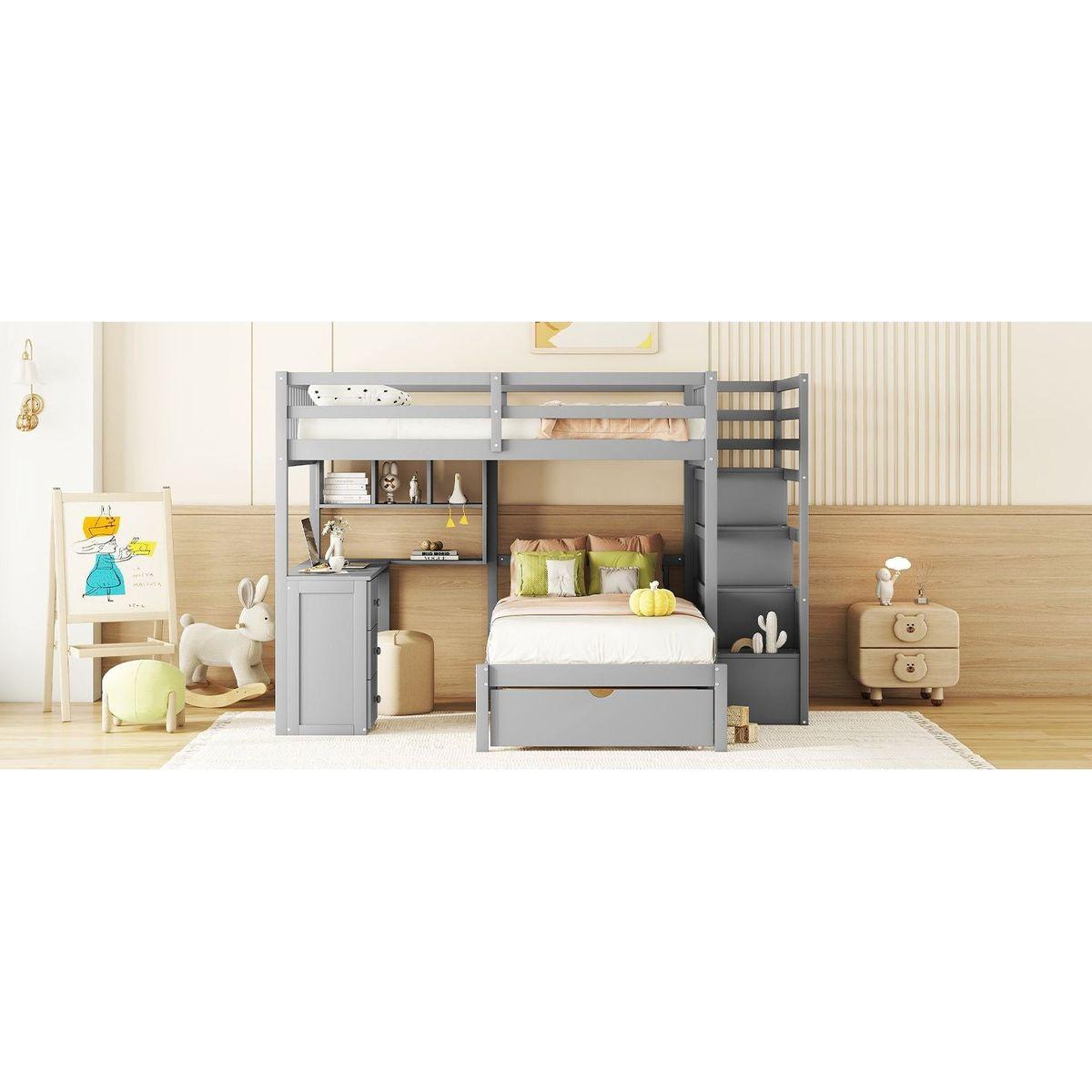 Full Over Twin Bunk Bed with Desk, Drawers and Shelves, Gray