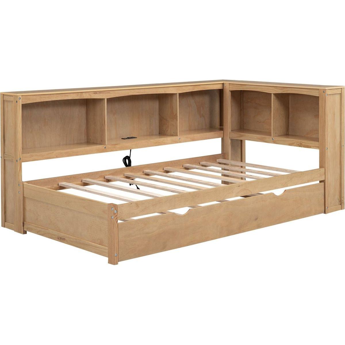 Twin Size Daybed with Trundle, Storage Cabinets and USB Ports, Wood Color