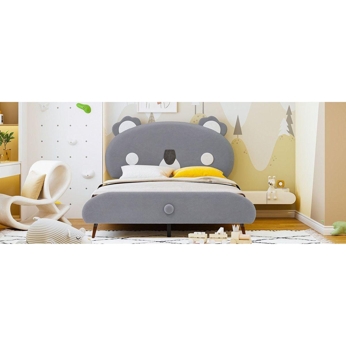 Full Size Upholstered Platform Bed with Koala-Shaped Headboard, Gray