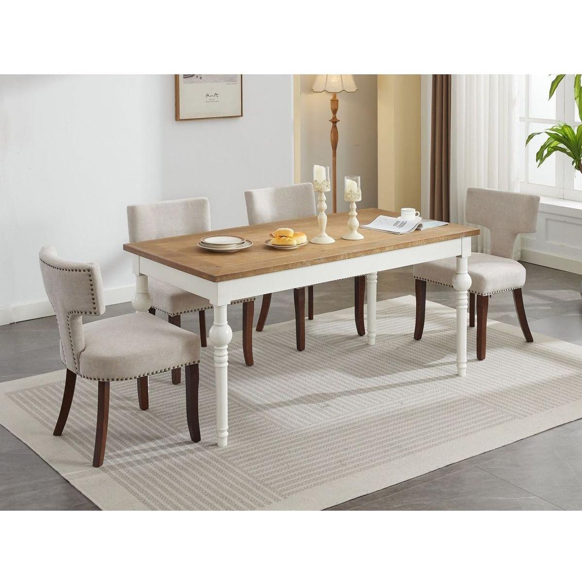 Mid Century Modern Dining Chairs Set of 2, Farmhouse Linen Fabric Upholstered Accent Chair Curved Backrest with Copper Nails around,Kitchen Chairs with Hardwood Frame, Beige