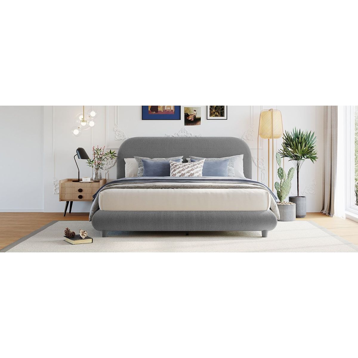 Teddy Fleece Queen Size Upholstered Platform Bed with Thick Fabric, Solid Frame and Stylish Curve-shaped Design, Gray