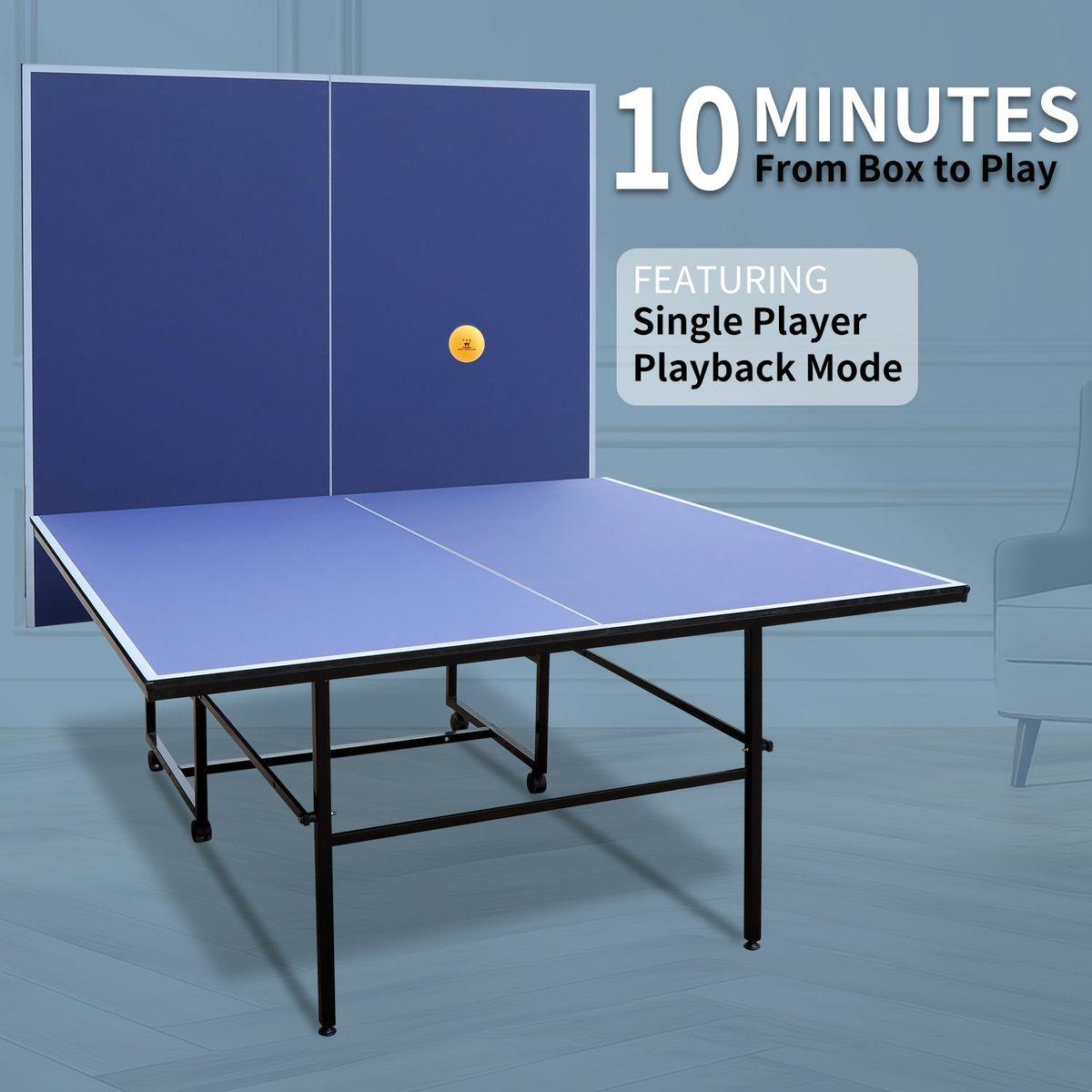 9ft Mid-Size Table Tennis Table Foldable & Portable Ping Pong Table Set for Indoor & Outdoor Games with Net, 2 Table Tennis Paddles and 3 Balls