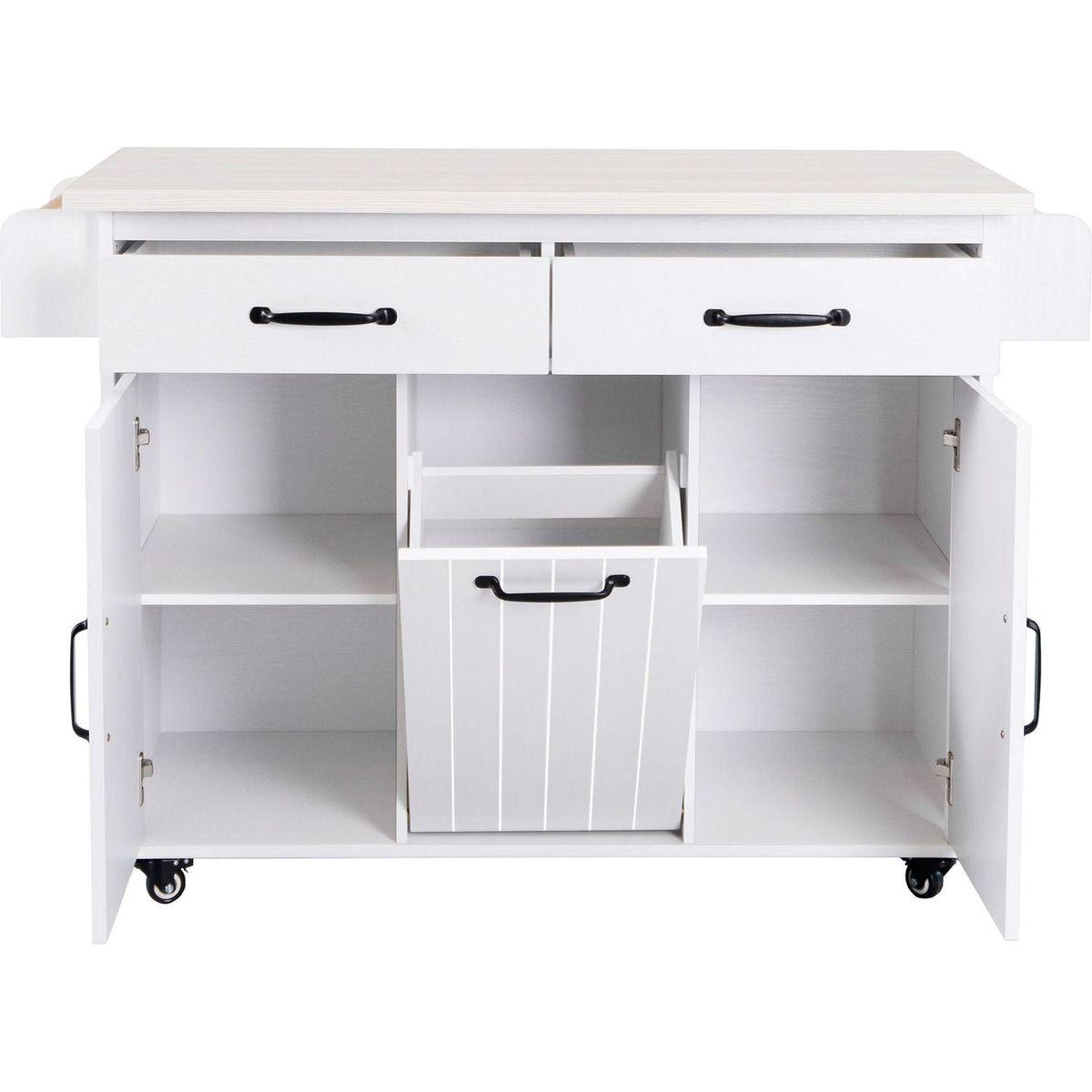 Kitchen Island with Trash Can Storage Cabinet, Kitchen Cart with Drop Leaf, Spice Rack, Towel Rack and Drawer, Rolling Kitchen Island on Wheels with Adjustable Shelf, White