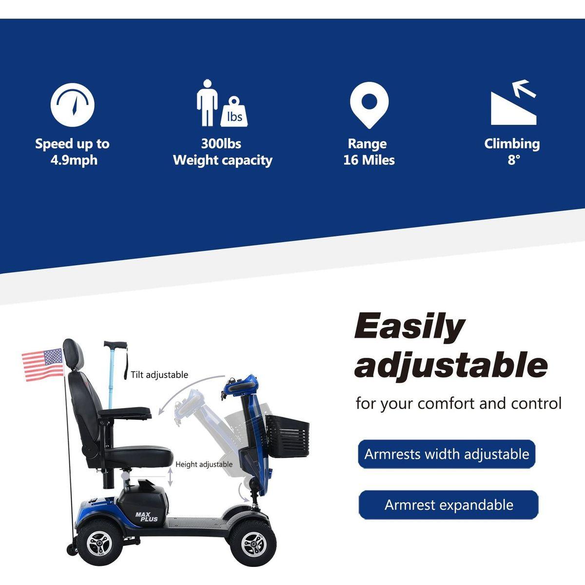 MAX PLUS BLUE 4 Wheels Outdoor Compact Mobility Scooter with 2pcsx20AH Lead acid Battery,Max Driving Range 16 Miles with Cup holders & USB charger port
