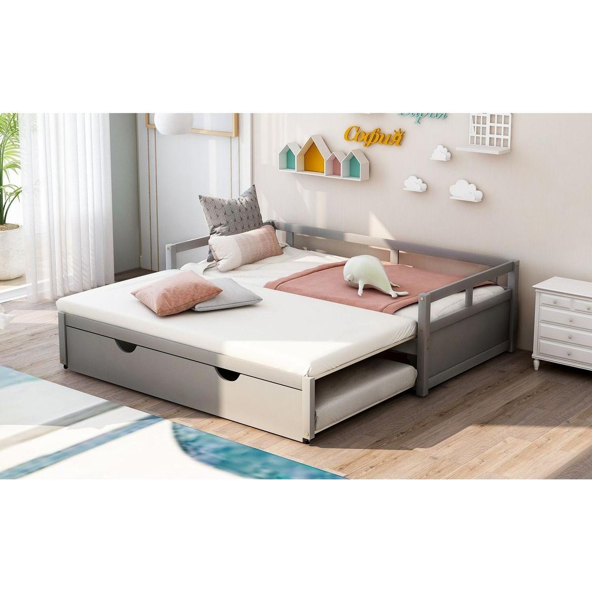 Extending Daybed with Trundle, Wooden Daybed with Trundle, Gray