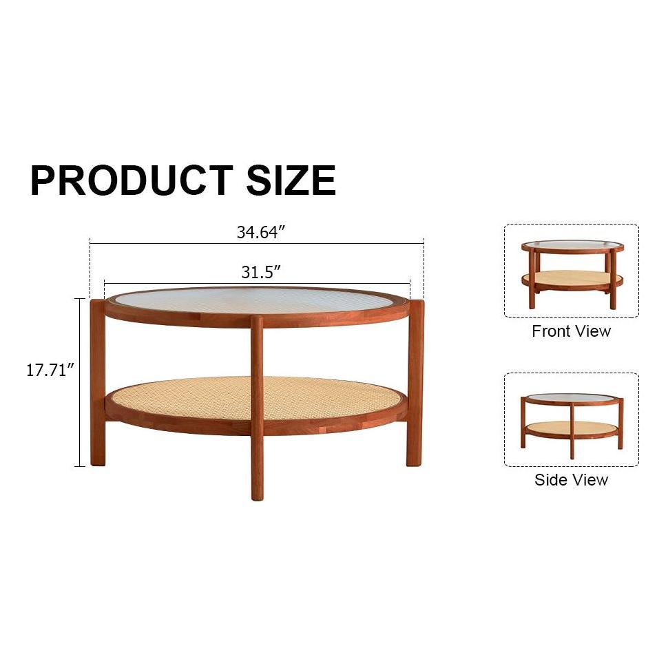 Modern minimalist circular double-layer solid wood coffee table, craft glass tabletop, second layer material: PE rattan, solid wood frame. 34.6 'x 34.6' x 17.7"