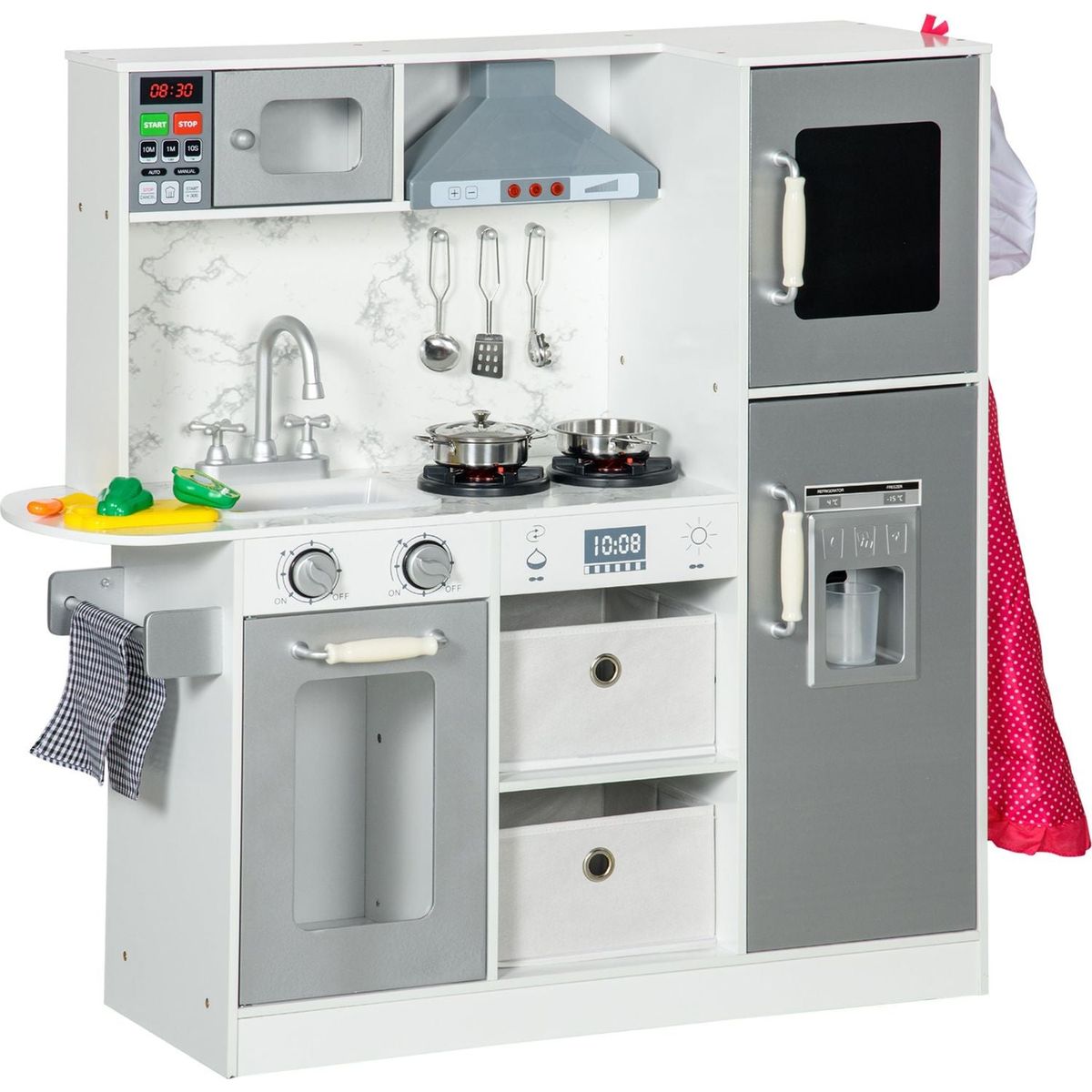 Qaba Play Kitchen Set for Kids, Kids Kitchen Playset with Lights Sounds, Apron and Chef Hat, Ice Maker, Microwave, Towel Rack, Utensils, Range Hood, Fun with Friends, for Ages 3-6 Years, White