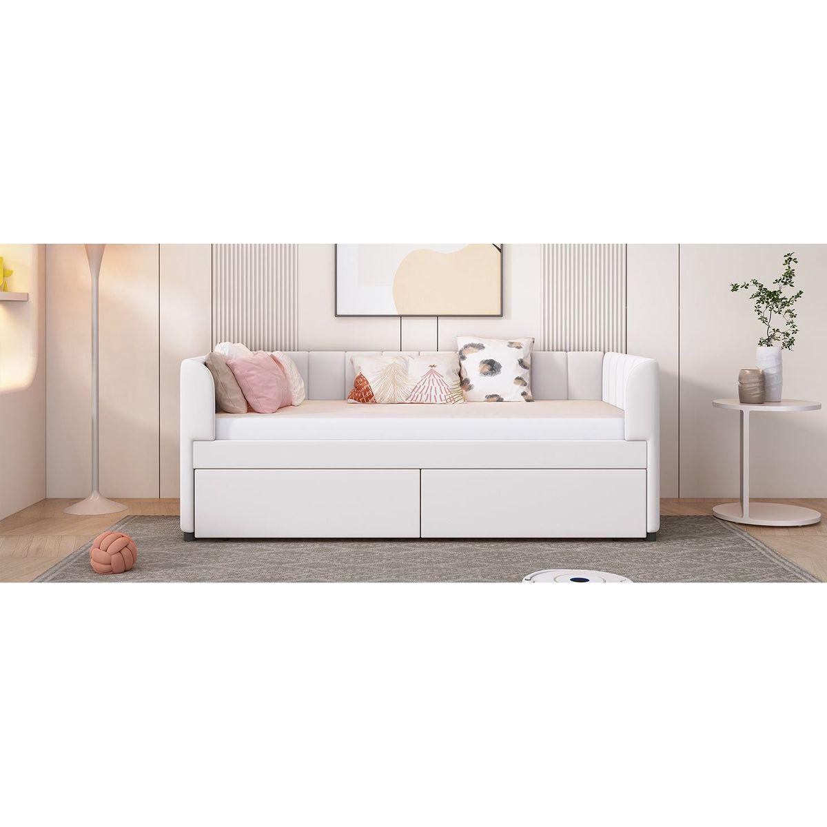 Twin Size Upholstered Daybed with Ergonomic Design Backrest and 2 Drawers, Beige