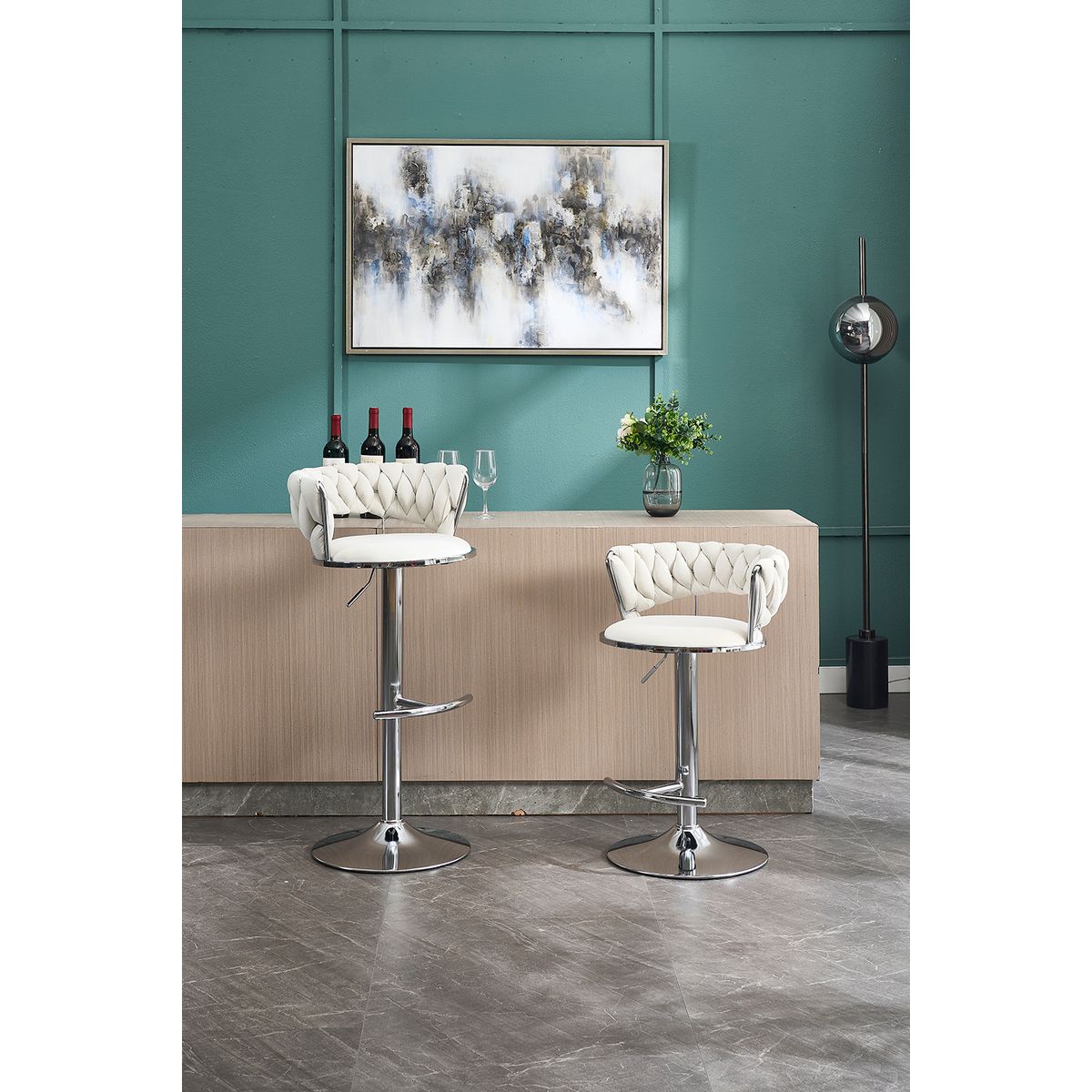 Set of 2 Bar Stools,with Chrome Footrest and Base Swivel Height Adjustable Mechanical Lifting Velvet + Chrome Leg Simple Bar Stool-CREAM