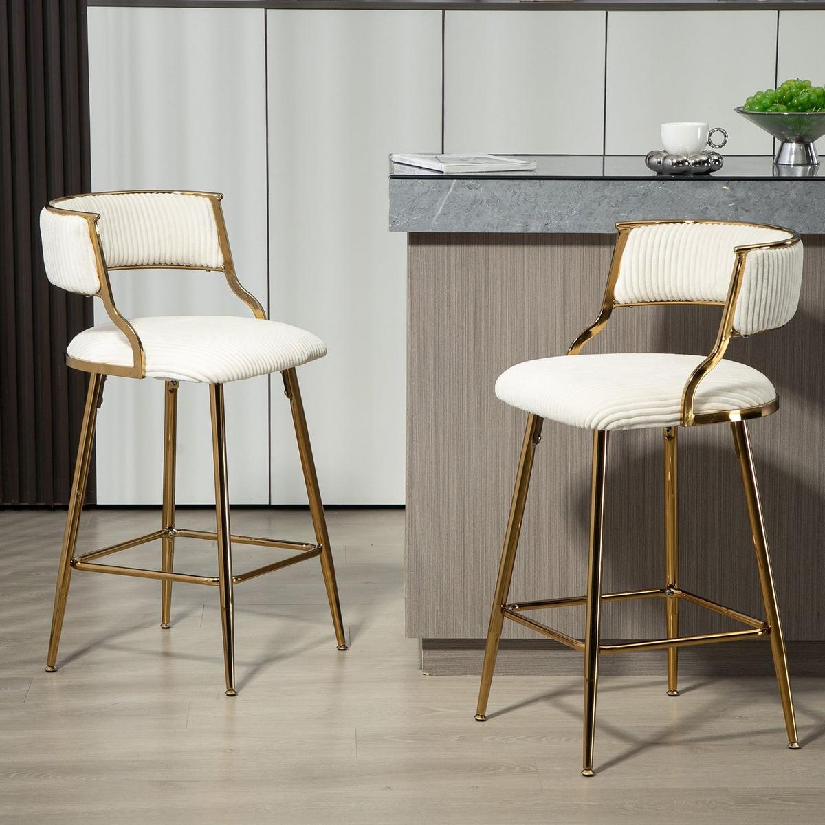 (SET of 2) 26" Counter height bar stools Corduroy kitchen island counter bar stool with back,golden chromed base and footrest (BEIGE)