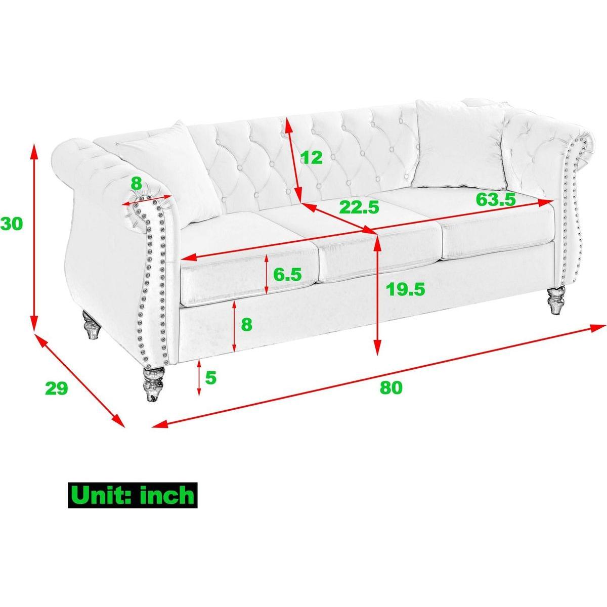 80" Chesterfield Sofa Grey Velvet for Living Room, 3 Seater Sofa Tufted Couch with Rolled Arms and Nailhead for Living Room, Bedroom, Office, Apartment, two pillows