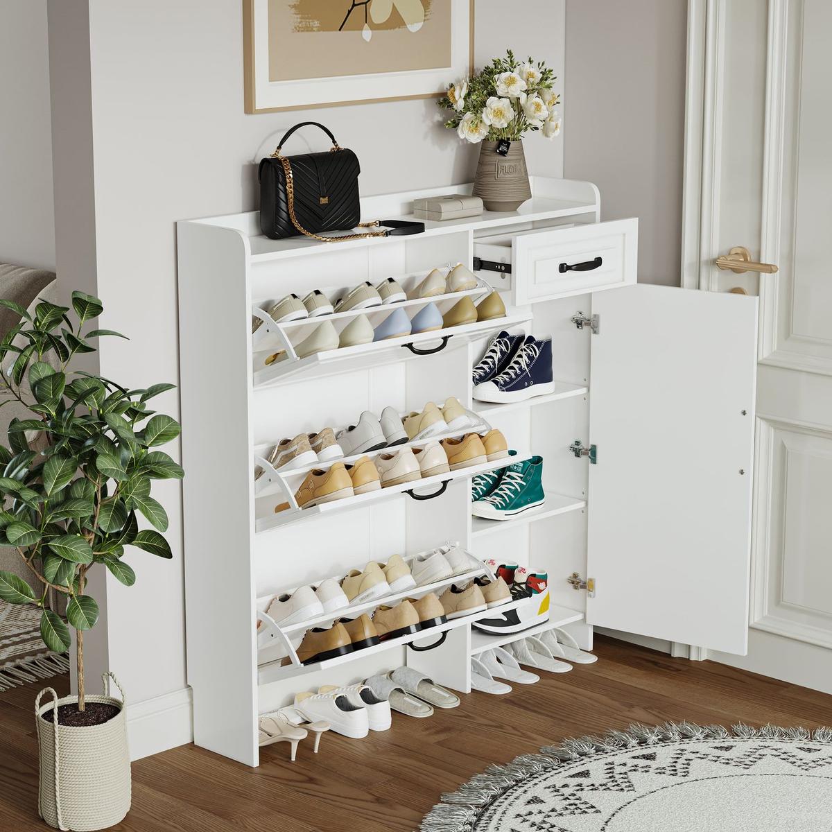 White color shoe cabinet with 4 doors 1 drawers,PVC door with shape, large space for storage