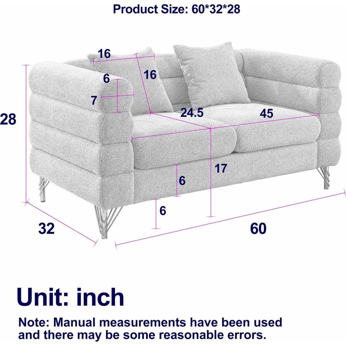 60Inch Oversized 2 Seater Sectional Sofa, Living Room Comfort Fabric Sectional Sofa-Deep Seating Sectional Sofa, Soft Sitting with 2 Pillows for Living Room,Bedroom,Office,Orange teddy