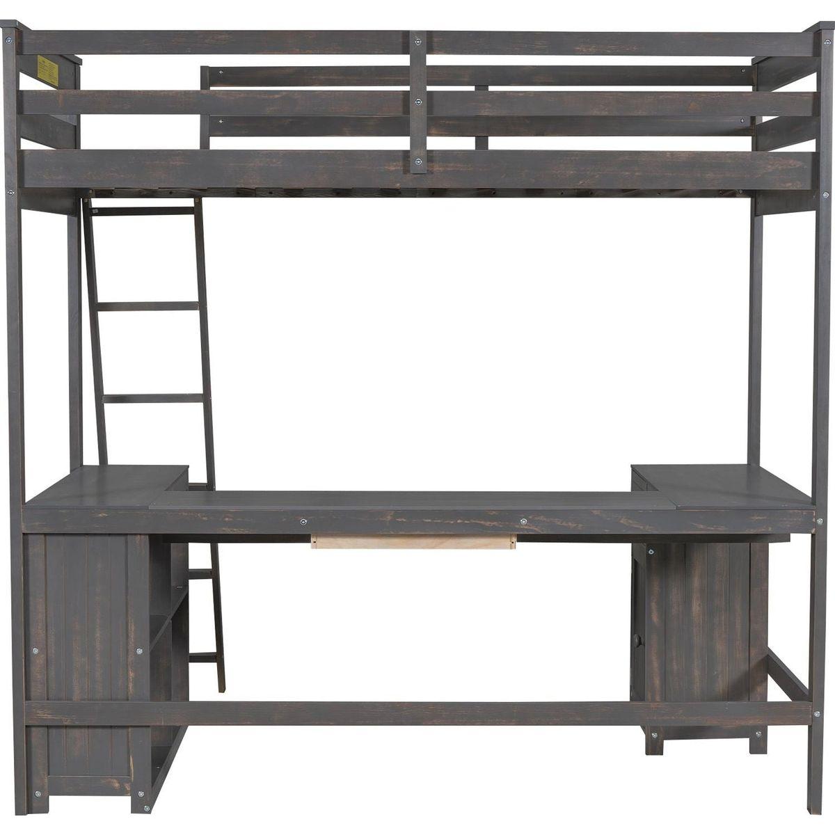 Twin Size Loft Bed with U-shaped Desk, Drawers and Storage Shelves, Antique Brown