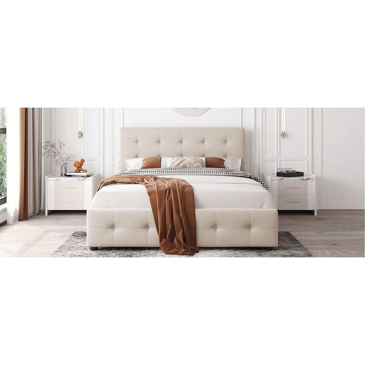 Upholstered Platform Bed with Classic Headboard and 4 Drawers, No Box Spring Needed, Linen Fabric, Queen Size Beige