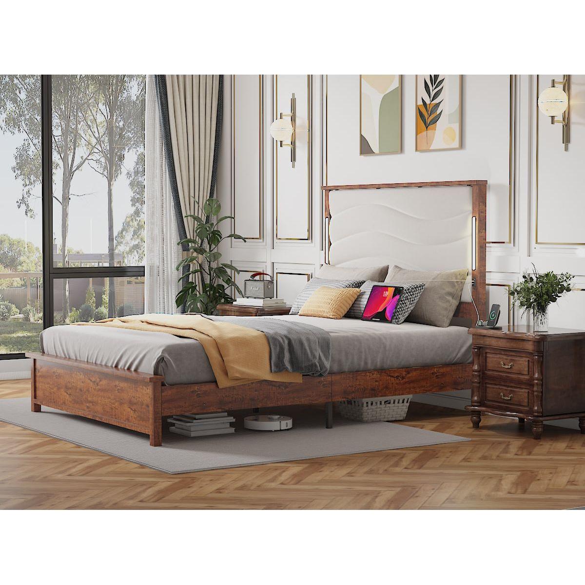 King Size Bed Frame with Upholstered Headboard, King Bed Frame with Charging Station and LED Lights, Wood Slats, Dark Gray Linen, No Box Spring Needed, Easy Assembly