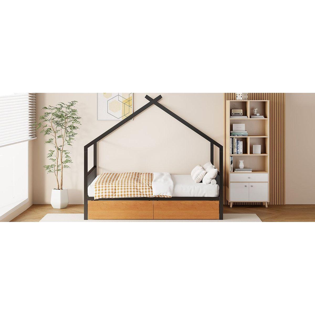 Full Size Metal House Bed with Two Drawers, Black