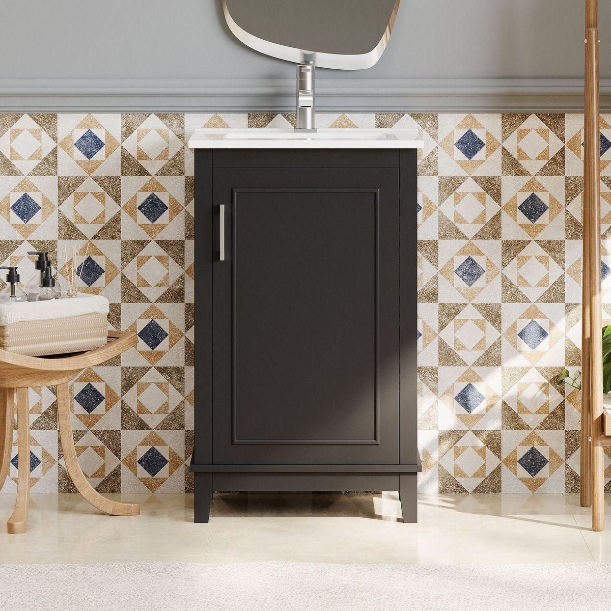 20 Inch Modern Small Bathroom Vanity Cabinet With Ceramic Basin- 20x15.5x33.3 Inches,Ample Storage,1 Soft Close Door