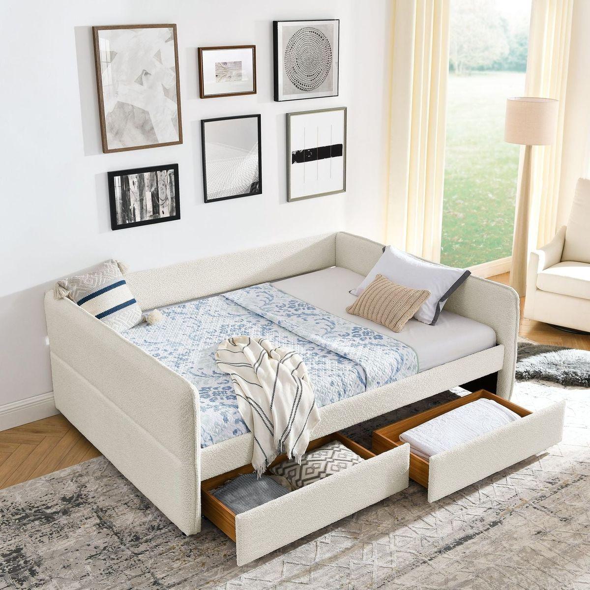 Daybed with Trundle Upholstered Tufted Sofa Bed, with Two Drawers, Queen Size, Boucle Fabric, Beige(88"x65.5"x29.5")
