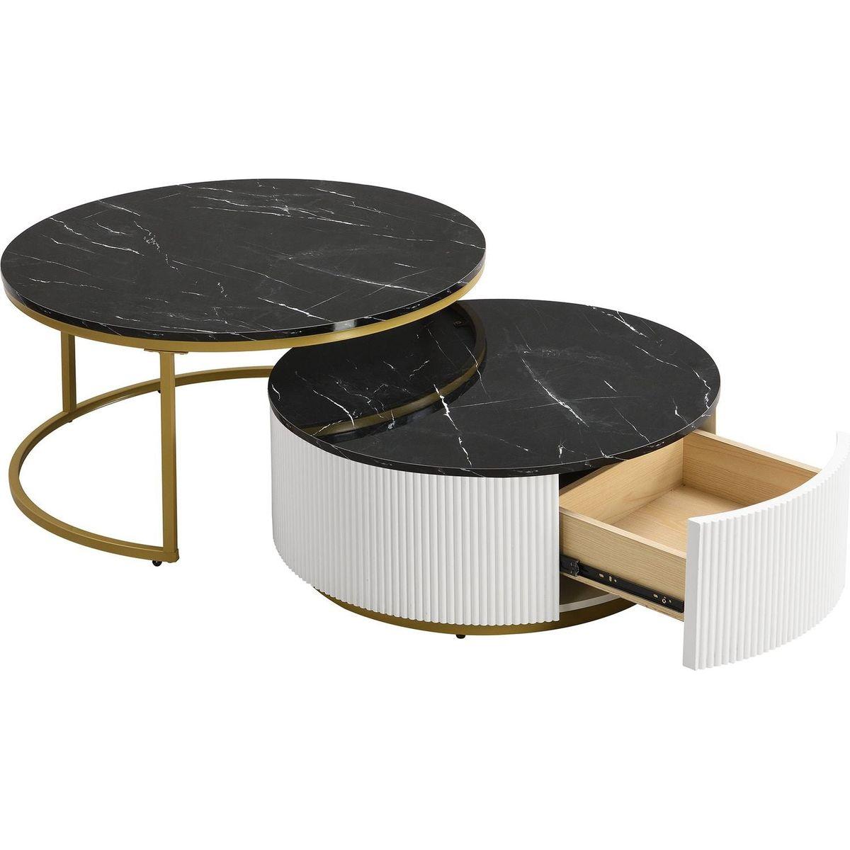 Modern Round Nesting Coffee Table Fluted with Drawer in Black & Gold in 31.5"