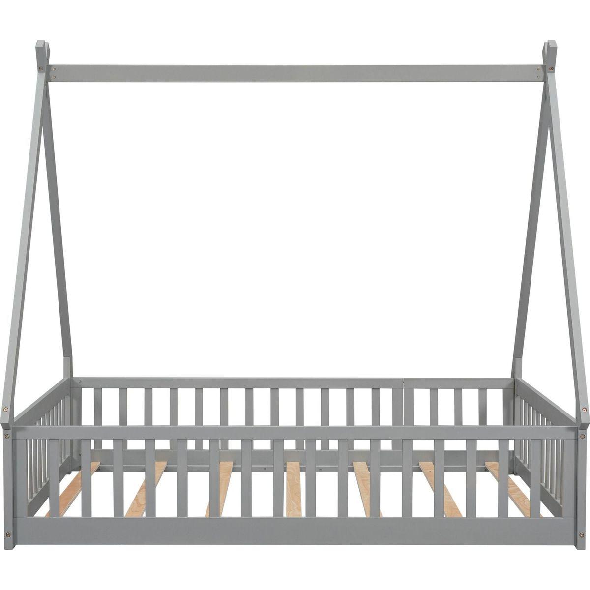 Full Tent-shaped Floor Bed, with Guardrails, Slats, Door, Grey