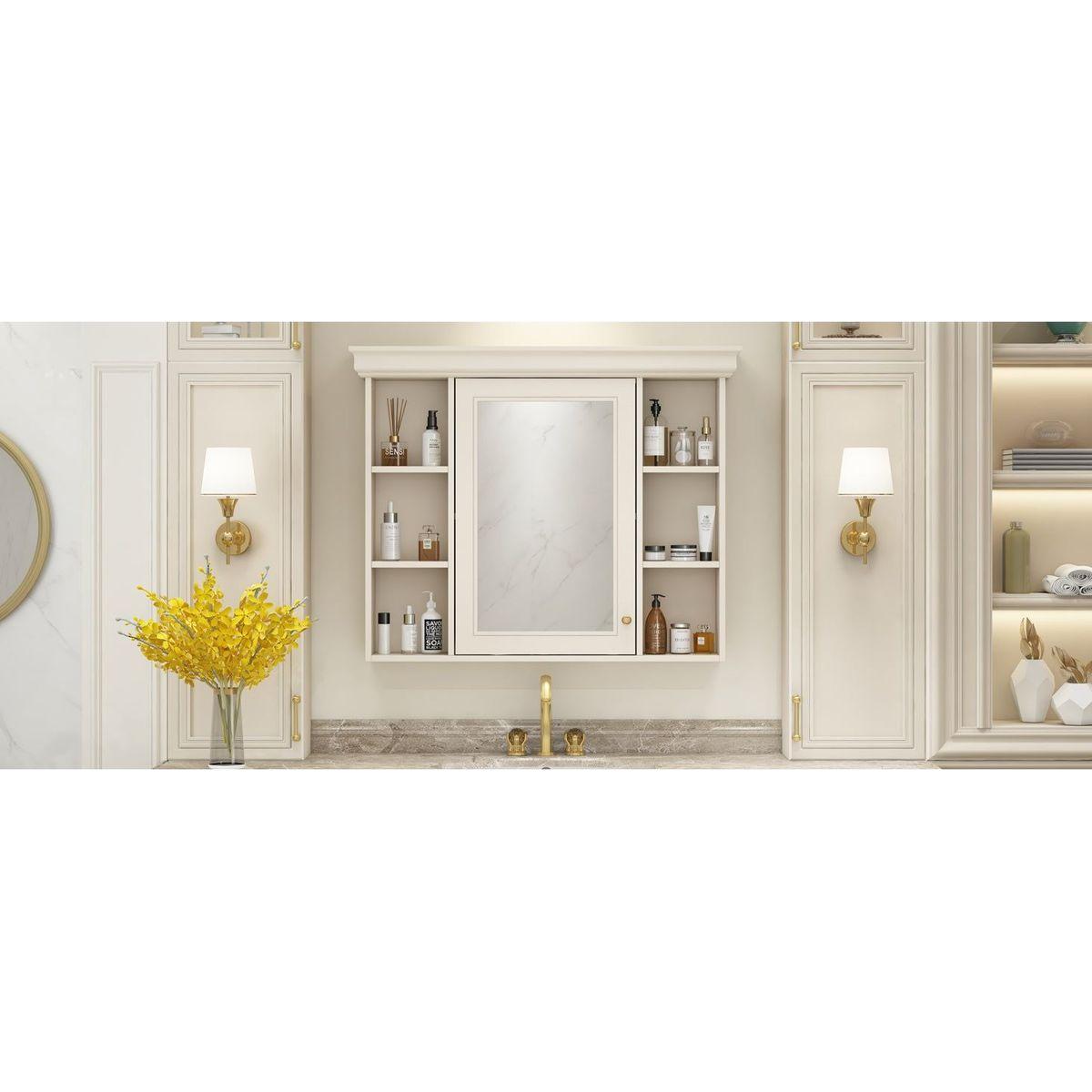 35" x 28" Blue Wall Mounted Bathroom Storage Cabinet with Mirror Door, Modern Bathroom Wall Cabinet with Mirror, Medicine Cabinet with 6 Open Shelves