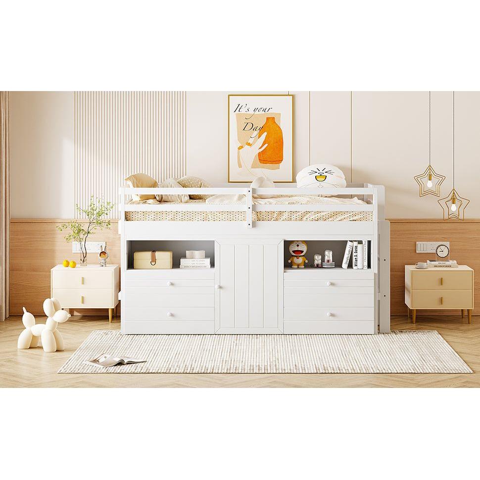 Twin Size Loft Bed with 4 Drawers, Underneath Cabinet and Shelves, White