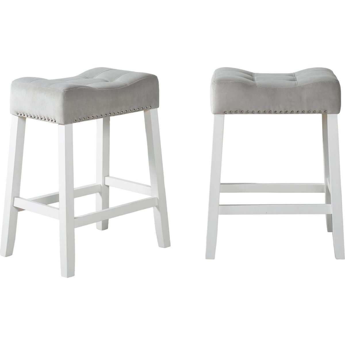 Morovo Set of 2 Velvet Counter Height Stools with Tufted Saddle Seats, White-Wash Finish, Gray