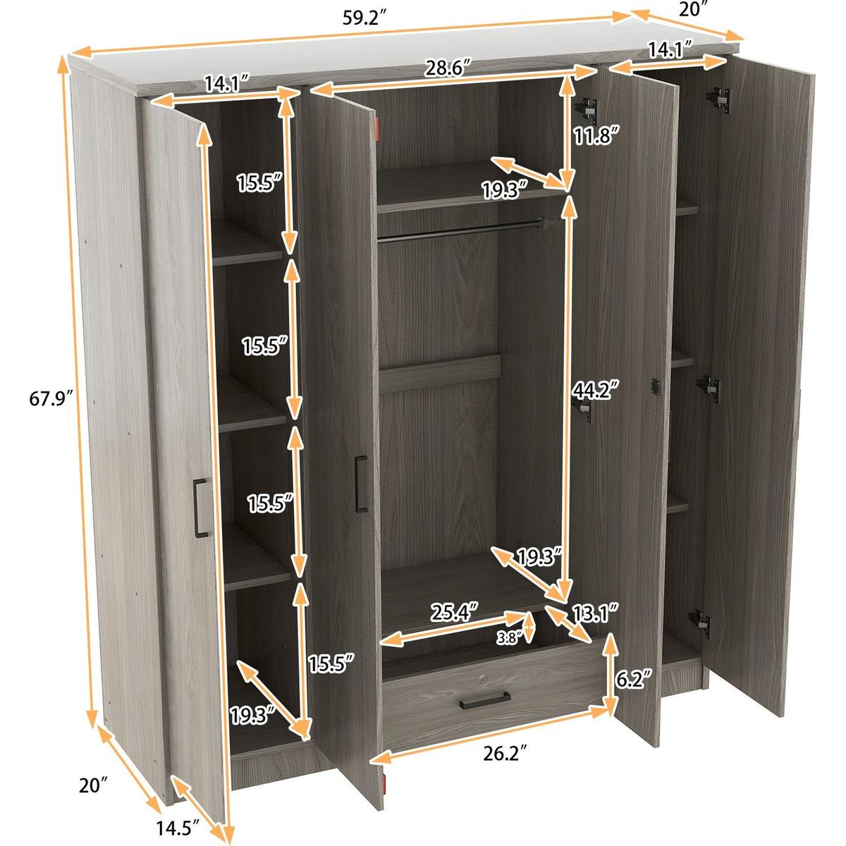 4-Door Wardrobe with 1 Drawer, Gray