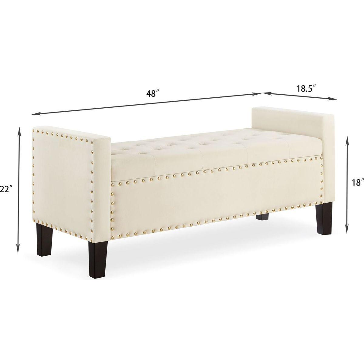 Upholstered Tufted Button Storage Bench with nails trim,Entryway Living Room Soft Padded Seat with Armrest,Bed Bench - Cream