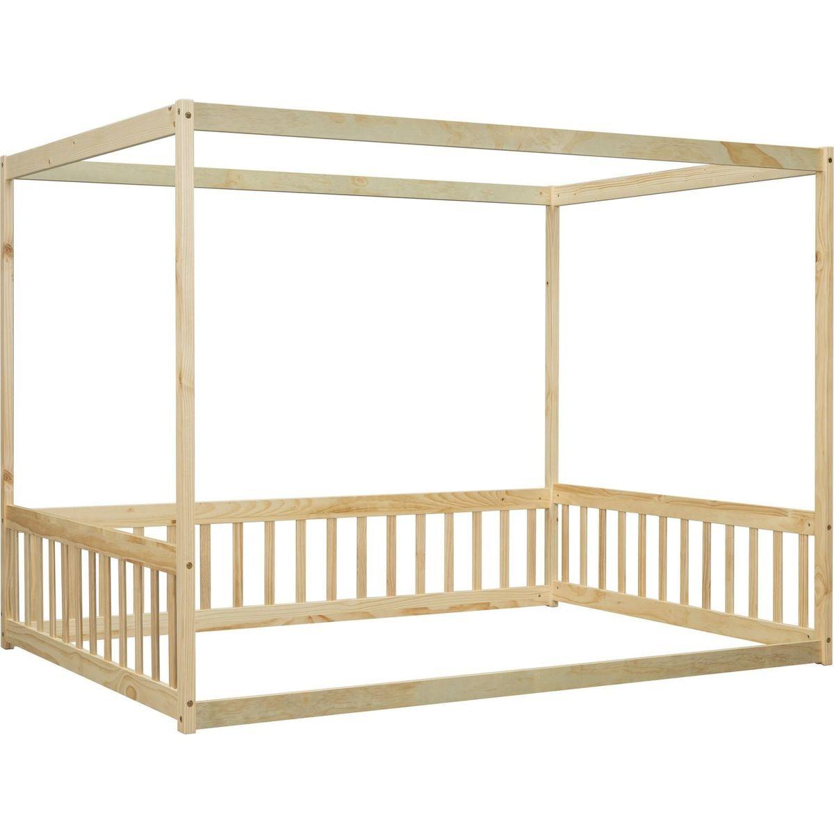 Full Size Canopy Frame Floor Bed with Fence, Guardrails,Natural