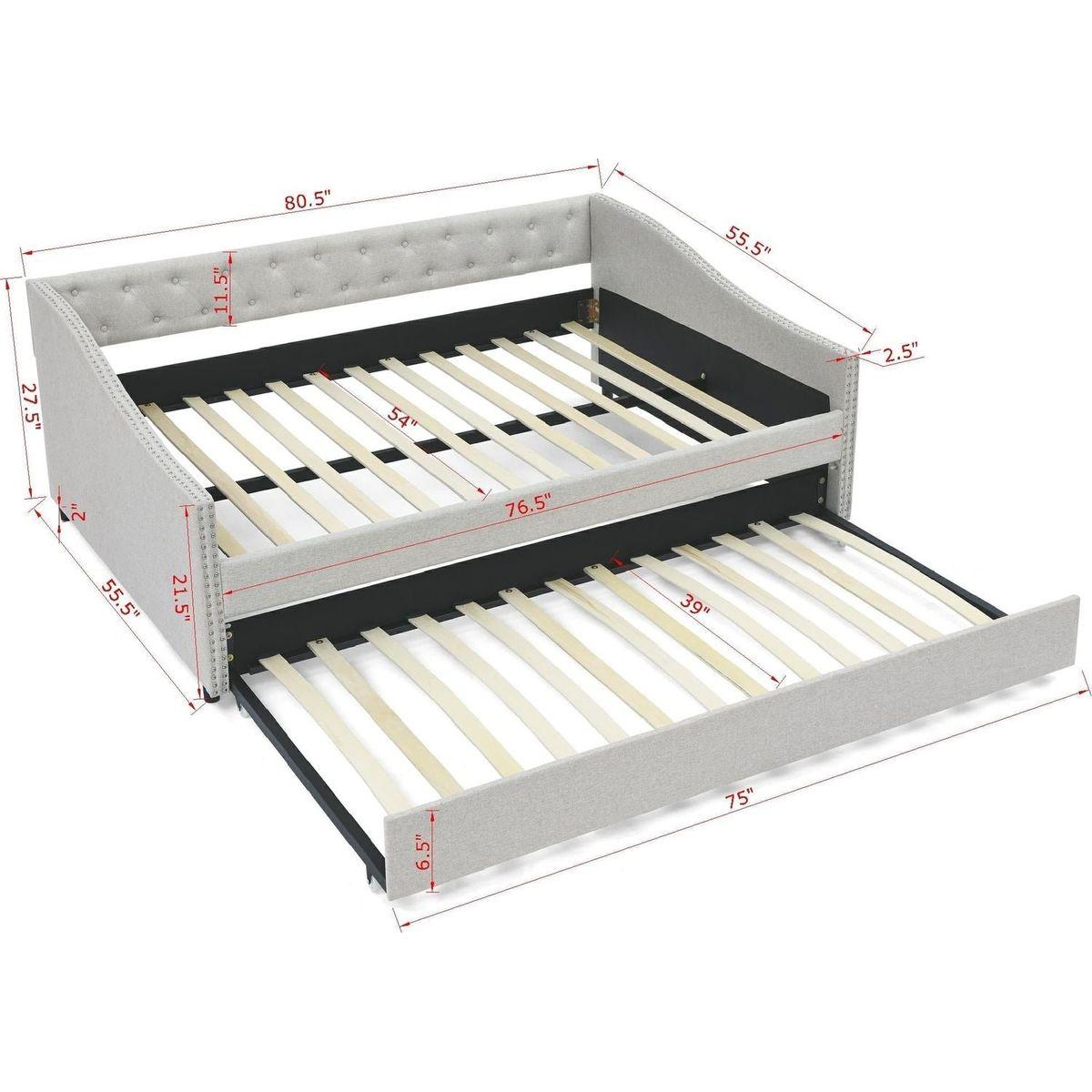 Full Size Daybed with Twin Size Trundle Upholstered Tufted Sofa Bed, with Button on Back and Copper Nail on Waved Shape Arms,Beige (80.5"x55.5"x27.5")