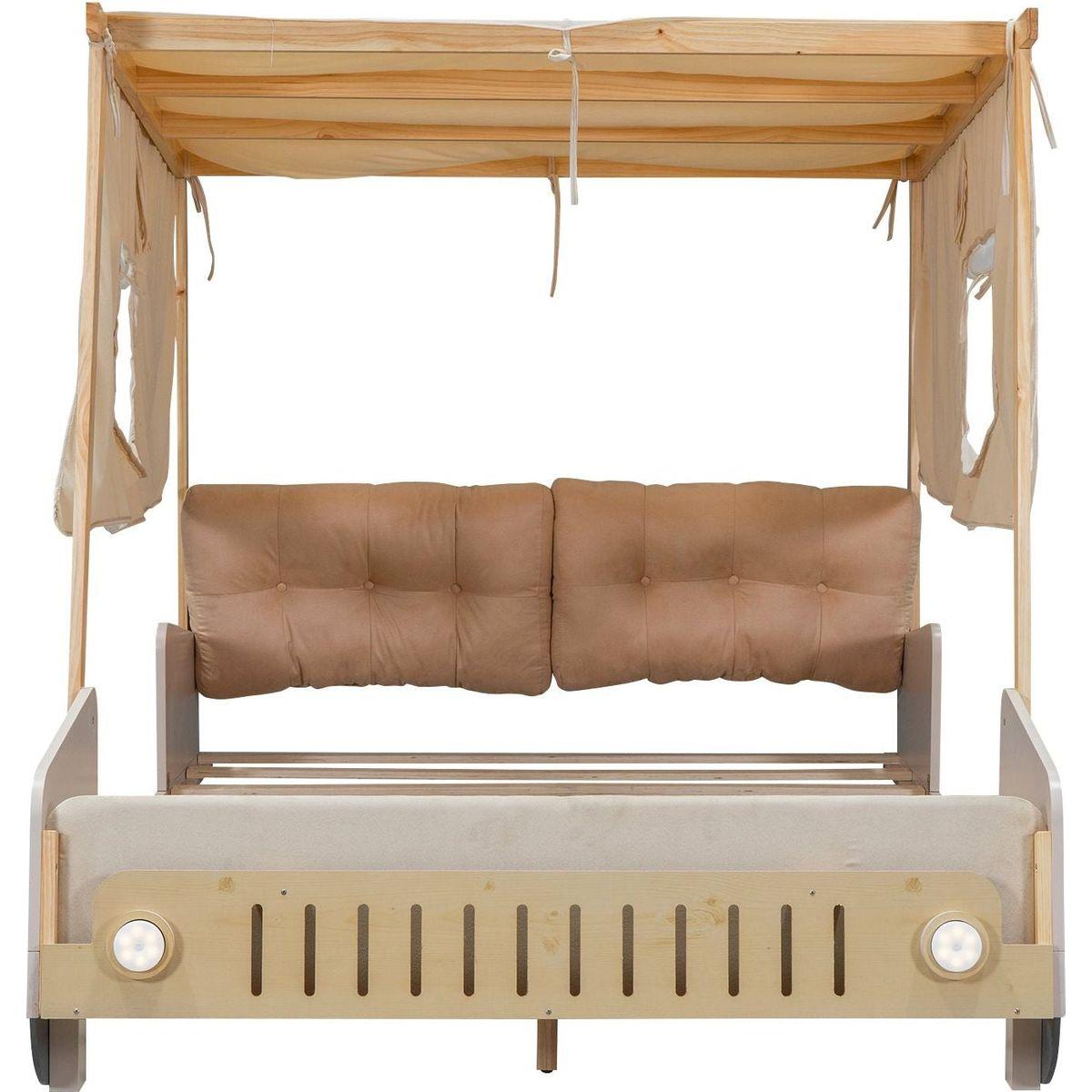 Wood Full Size Car Bed with Pillow, Ceiling Cloth and LED, Natural