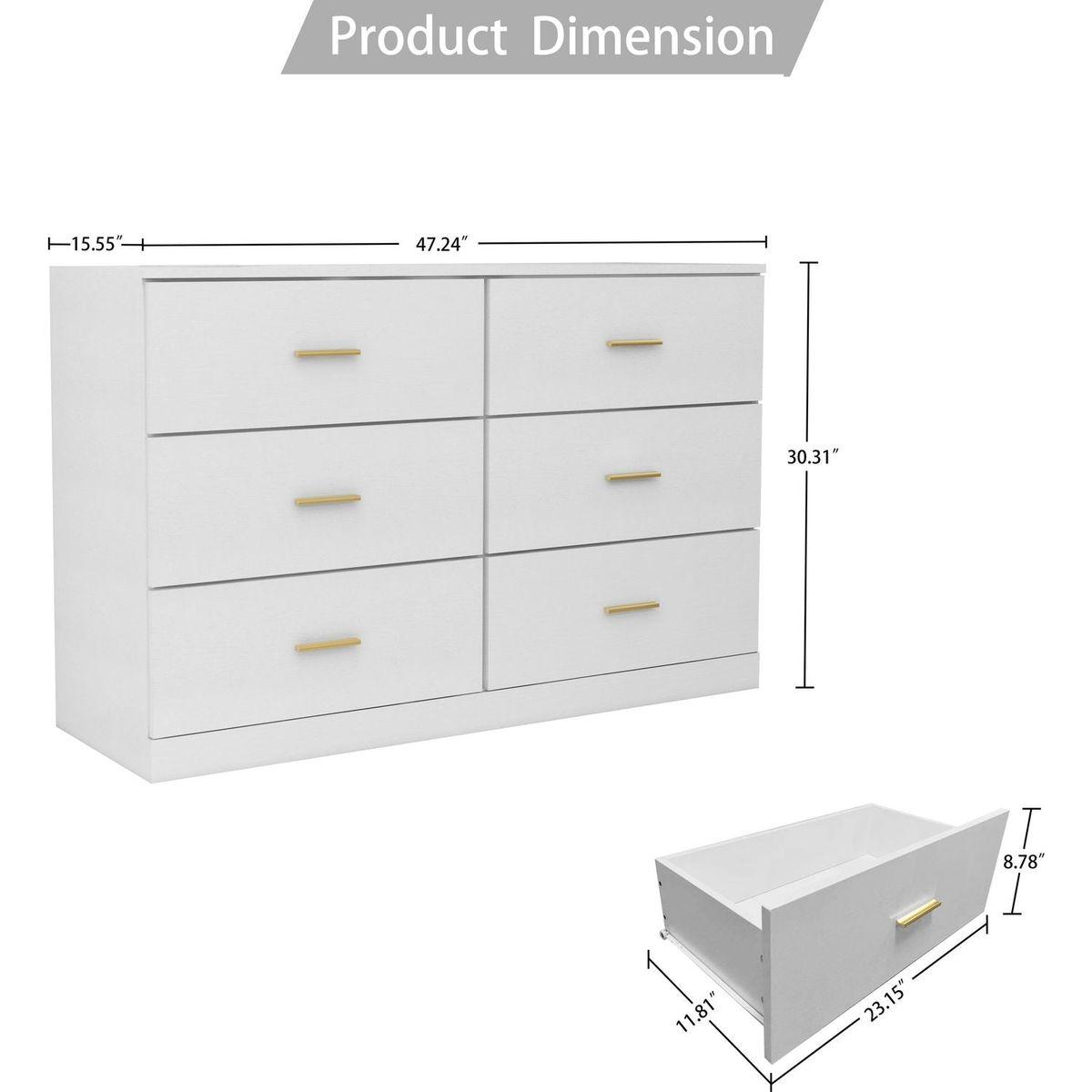 Modern White 6-Drawer Dresser for Bedroom - Ample Storage Wide Chest of Drawers, Sturdy & Safe
