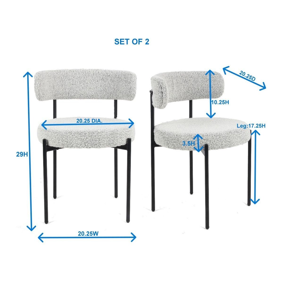Burbank Modern Round Boucle Dining Chairs, Set of 2, Black White