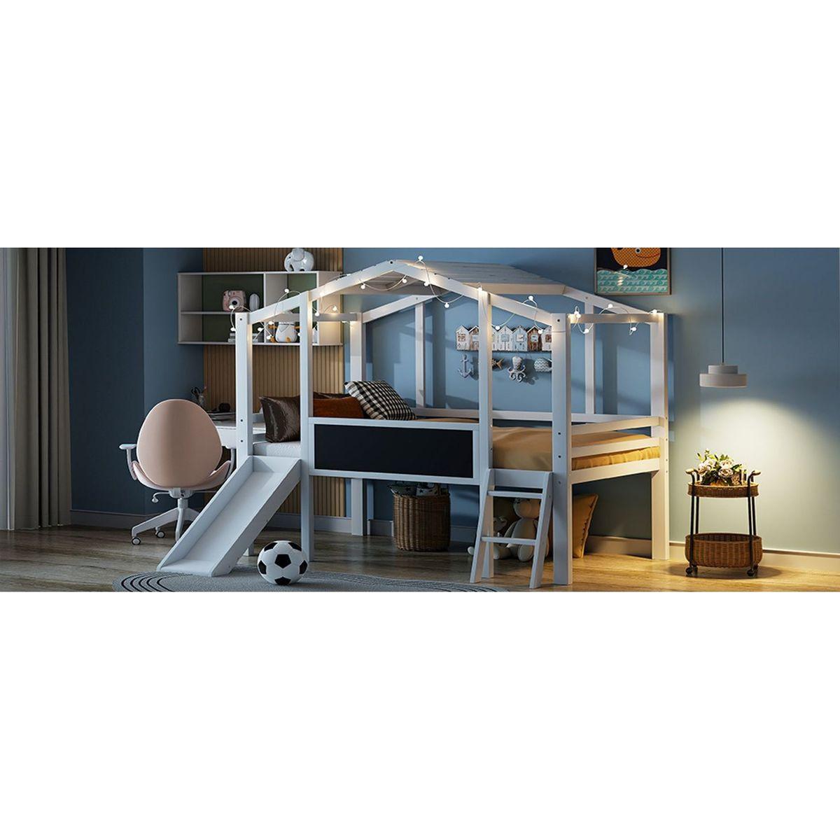 Twin Size Loft Bed with Ladder and Slide, House Bed with Blackboard and Light Strip on the Roof, White