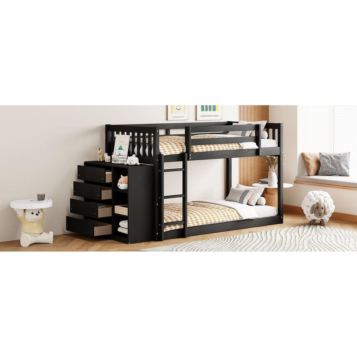 Twin over Twin Bunk Bed with 4 Drawers and 3 Shelves-Espresso