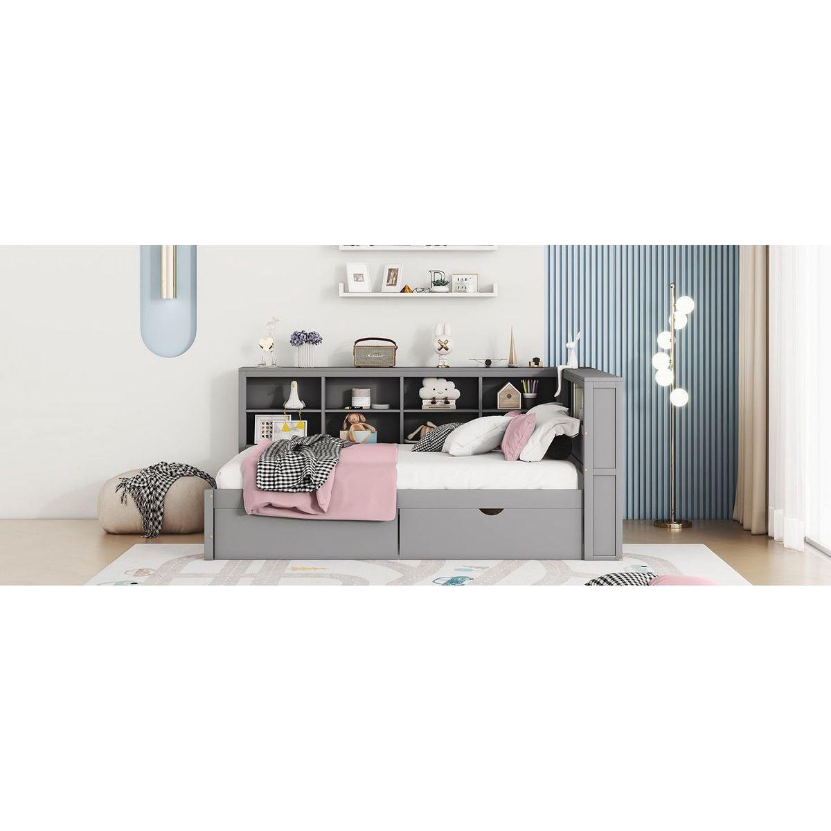 Wooden Full Size DayBed with 2 Drawers, DayBed with Storage Shelf and USB Charging Ports,Grey - Streamdale Furniture