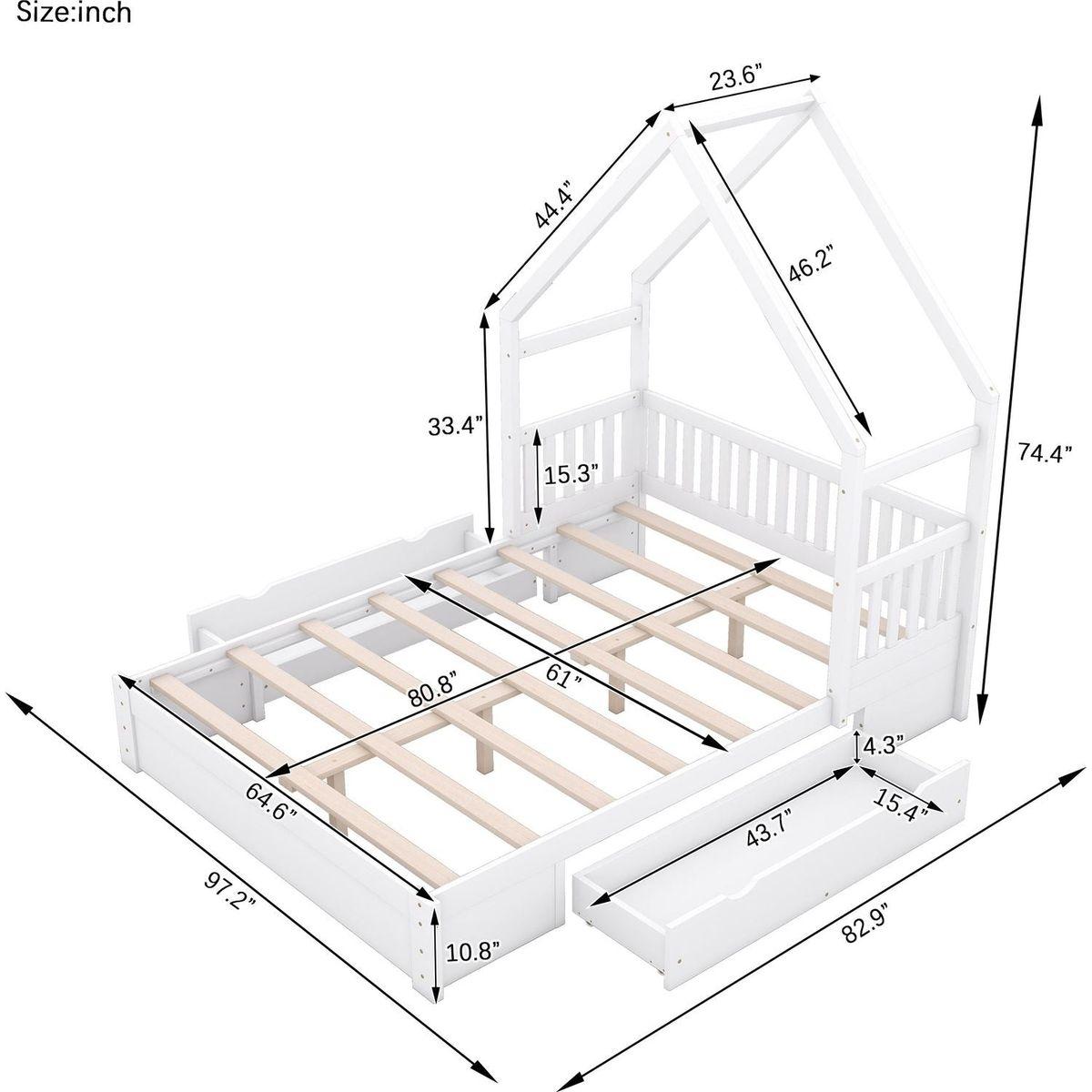 Wood Queen Size House Platform Bed with Guardrail and 2 Drawers, White