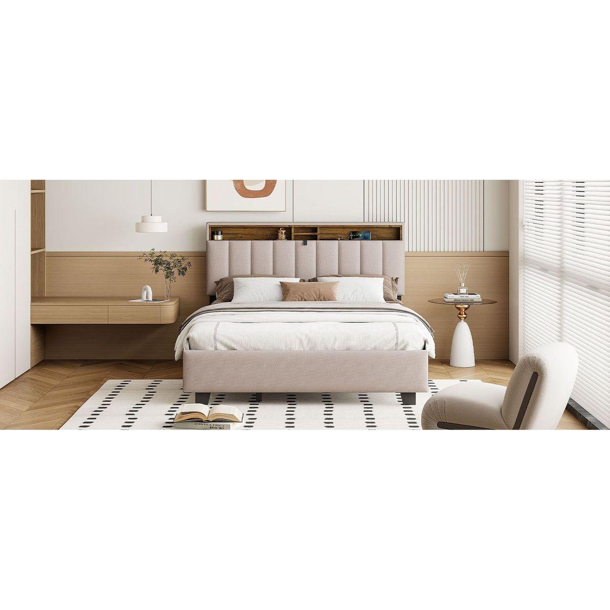 Queen size Upholstered Platform Bed with Storage Headboard, Twin XL Size Trundle & 2 drawers and a set of Sockets & USB Ports, Linen Fabric, Beige