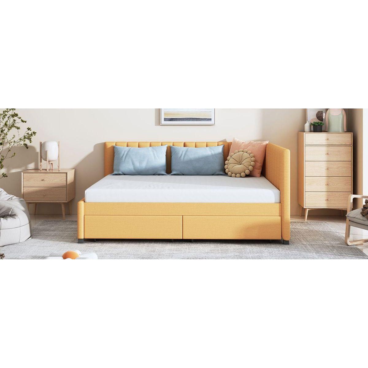 Full Size Upholstered Daybed with 2 Storage Drawers Sofa Bed Frame No Box Spring Needed, Linen Fabric (Yellow)