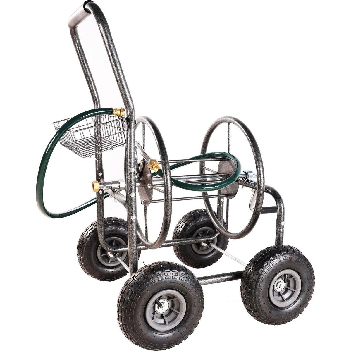 Garden Hose Reel Cart - 4 Wheels Portable Garden Hose Reel Cart with Storage Basket Rust Resistant Heavy Duty Water Hose Holder