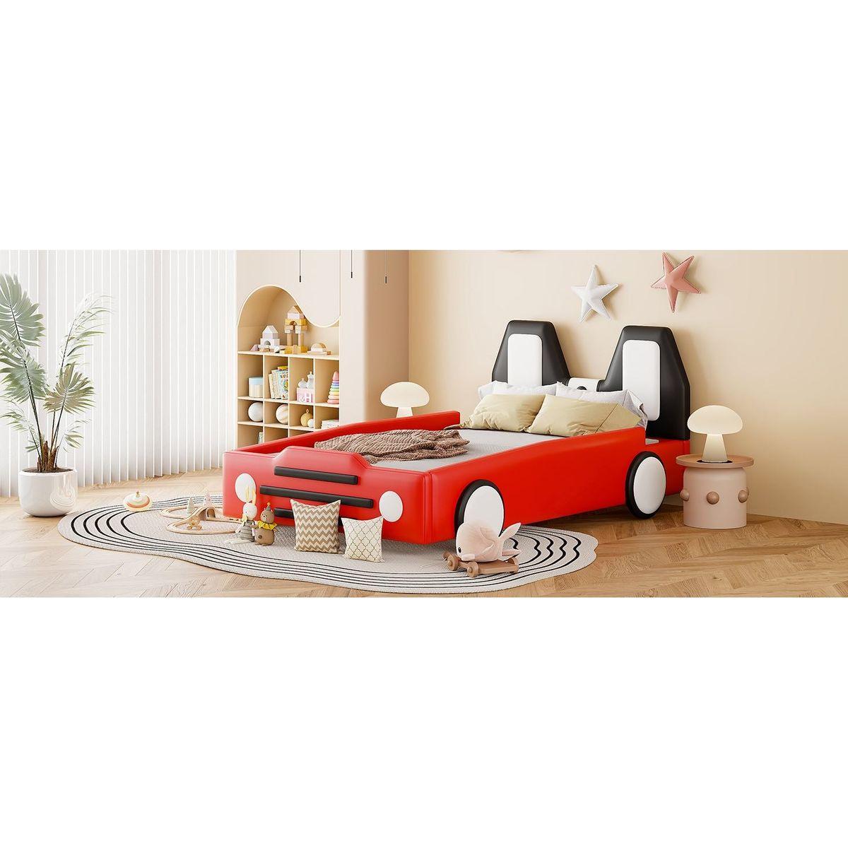 Twin Size Race Car-Shaped Platform Bed with Wheels,Red