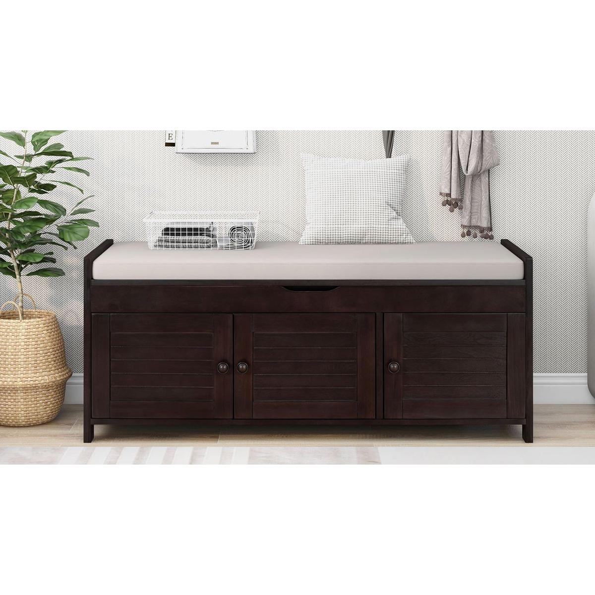 Storage Bench with 3 Shutter-shaped Doors, Shoe Bench with Removable Cushion and Hidden Storage Space (Espresso