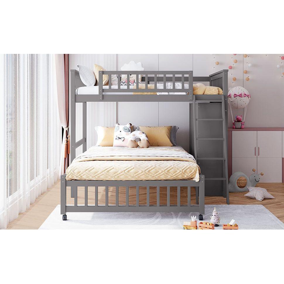 Wooden Twin Over Full Bunk Bed With Six Drawers And Flexible Shelves,Bottom Bed With Wheels,Gray