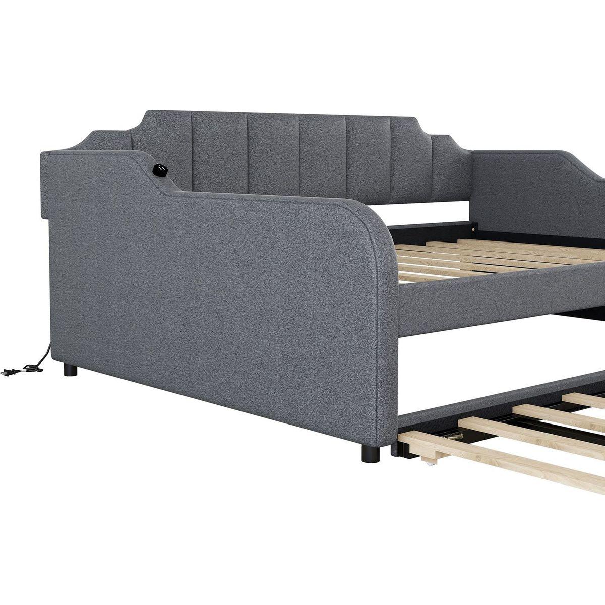 Full Size Upholstery Daybed with Trundle and USB Charging Design,Trundle can be flat or erected,Gray