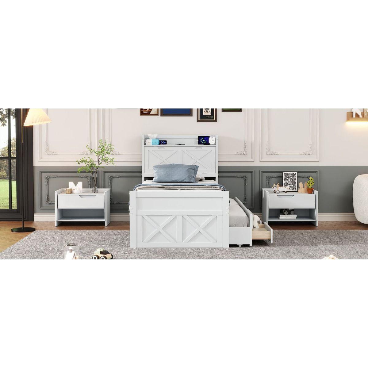 Twin Size Wooden Bed with Storage Headboard with Outlets, Extendable Bed with Twin Size Trundle with Three Storage Drawers,White